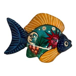 Mexican Pottery Painted Fish‎ Figurine Colorful Vibrant Moon Sun Flowers
